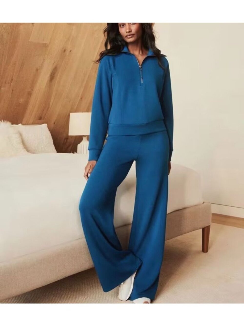 Spanx Lounge Set Half Zip Pullover & Wide Leg Pants Blue Women’s Size SP C36